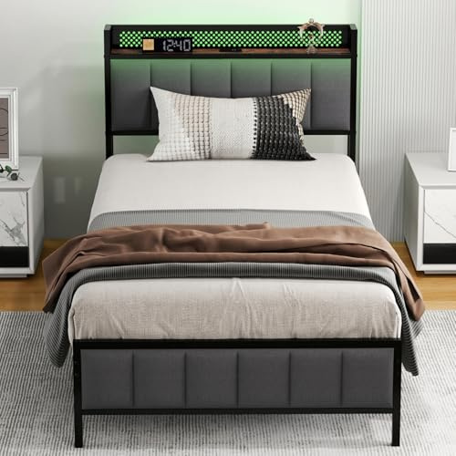 Levede 3ft Single Bed Frame with Storage Headboard & LED Lights/Charging Station, Heavy Duty Metal Single Bed Frame, Strong Metal Slats, No Box Spring Needed, Under-Bed Storage, Grey