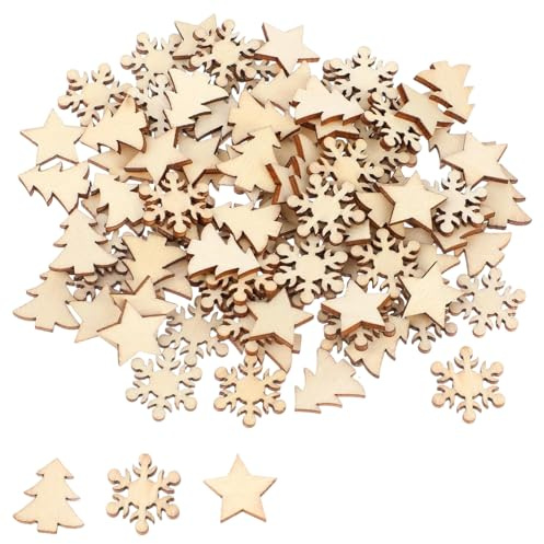 KLINNA 100 Stück Holzsterne zum Basteln & Beschriften, Winterliche Streudeko Weihnachten Holz mit Schneeflocken & Weihnachtsbaum, Vielseitige Weihnachtsdeko für DIY Tischdeko & Deko Taufe